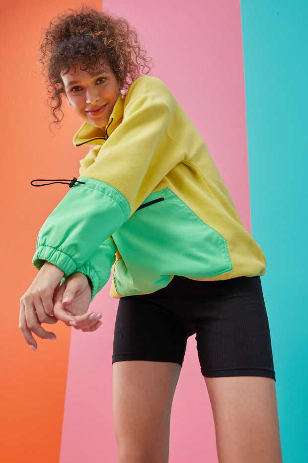 Limon Etek Ucu Büzgülü Yarım Fermuarlı Oversize Kadın Polar Sweatshirt - 97238 - 1
