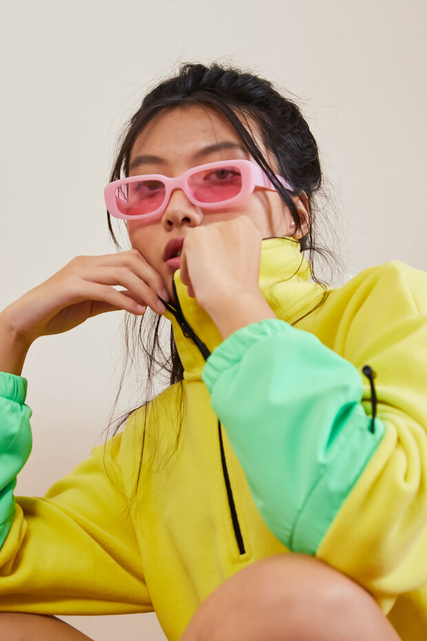 Limon Etek Ucu Büzgülü Yarım Fermuarlı Oversize Kadın Polar Sweatshirt - 97238 - 3