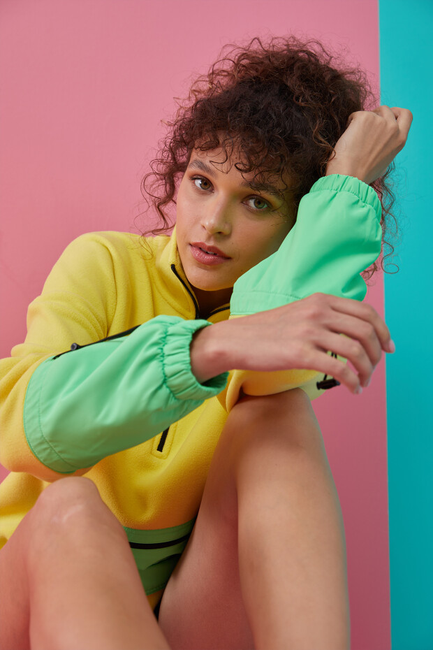Limon Etek Ucu Büzgülü Yarım Fermuarlı Oversize Kadın Polar Sweatshirt - 97238 - 2
