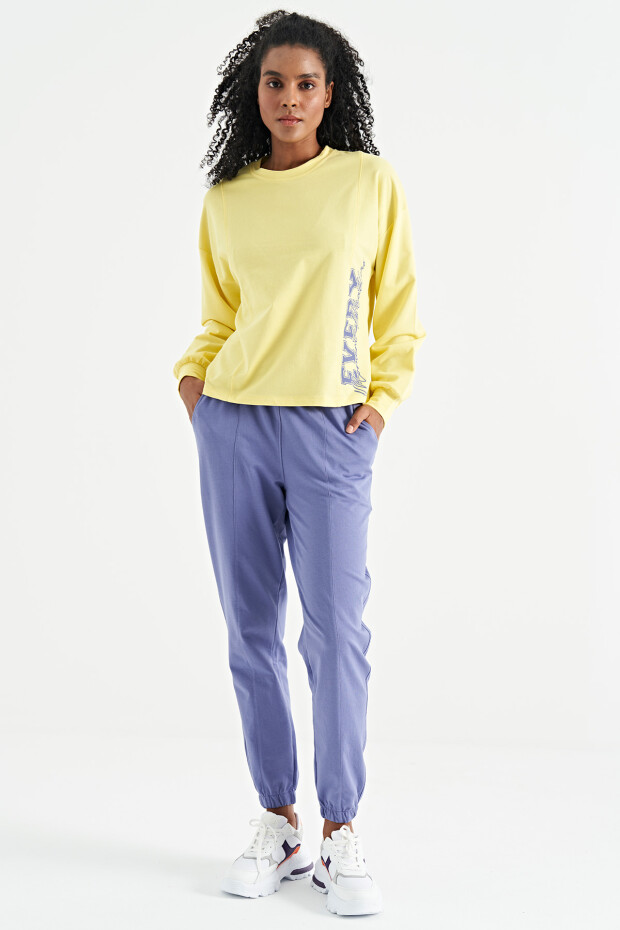 Limon Nakış Detaylı Balon Kol Crop Basic Kadın Sweatshirt - 02118