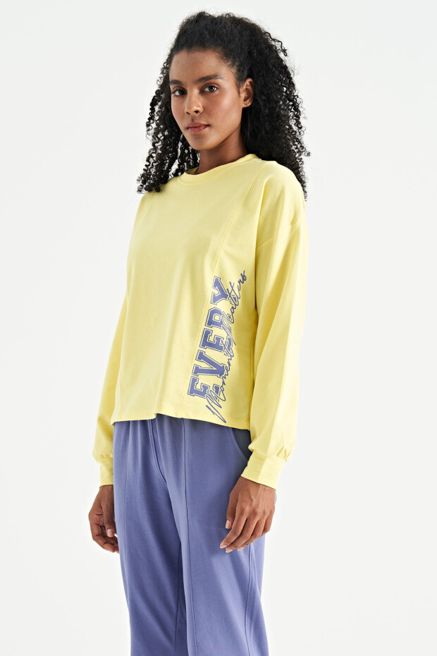 Limon Nakış Detaylı Balon Kol Crop Basic Kadın Sweatshirt - 02118