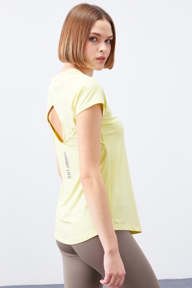 Limon Sırt Pencereli Kısa Kol Standart Kalıp O Yaka Kadın T-Shirt - 97101