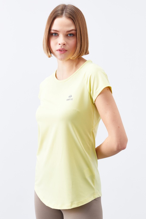 Limon Sırt Pencereli Kısa Kol Standart Kalıp O Yaka Kadın T-Shirt - 97101