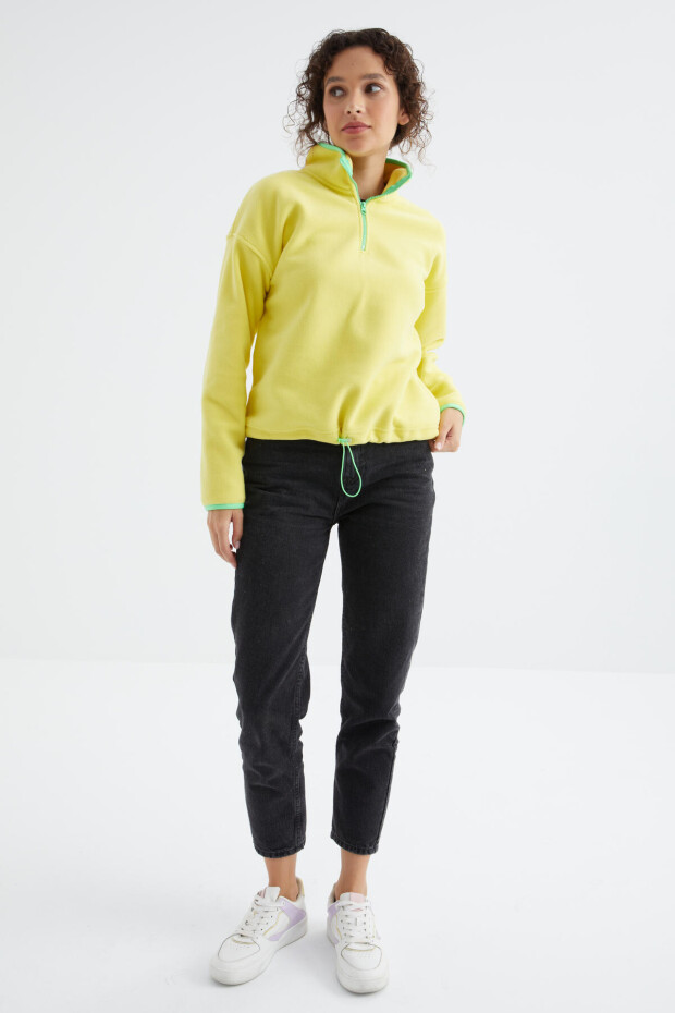 Limon Yarım Fermuar Etek Ucu Büzgülü Dik Yaka Oversize Kadın Polar Sweatshirt - 97234