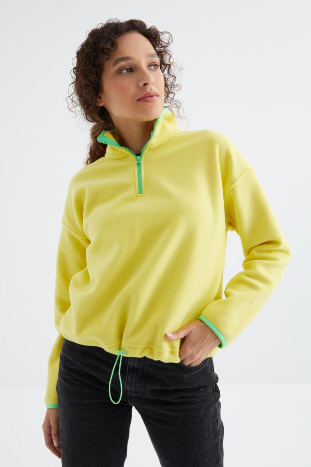 Limon Yarım Fermuar Etek Ucu Büzgülü Dik Yaka Oversize Kadın Polar Sweatshirt - 97234
