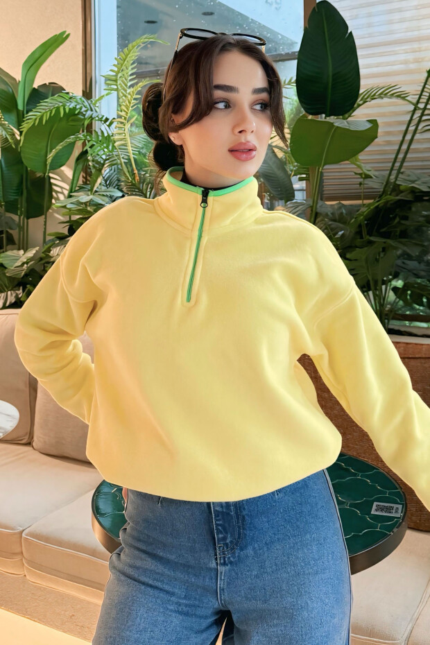 Limon Yarım Fermuar Etek Ucu Büzgülü Dik Yaka Oversize Kadın Polar Sweatshirt - 97234