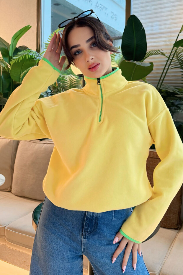 Limon Yarım Fermuar Etek Ucu Büzgülü Dik Yaka Oversize Kadın Polar Sweatshirt - 97234