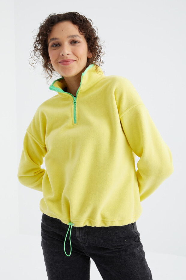 Limon Yarım Fermuar Etek Ucu Büzgülü Dik Yaka Oversize Kadın Polar Sweatshirt - 97234 - 2