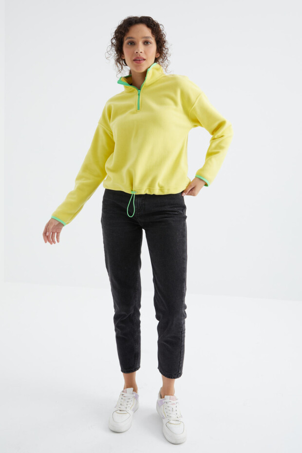 Limon Yarım Fermuar Etek Ucu Büzgülü Dik Yaka Oversize Kadın Polar Sweatshirt - 97234 - 6