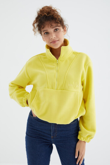 Limon Yarım Fermuar Etek Ucu Büzgülü Kadın Polar Oversize Sweatshirt - 97171 