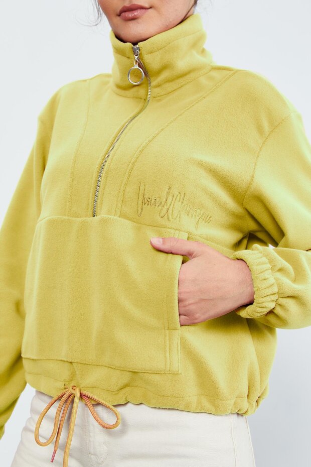 Limon Yarım Fermuar Etek Ucu Büzgülü Kadın Polar Oversize Sweatshirt - 97171 - 5