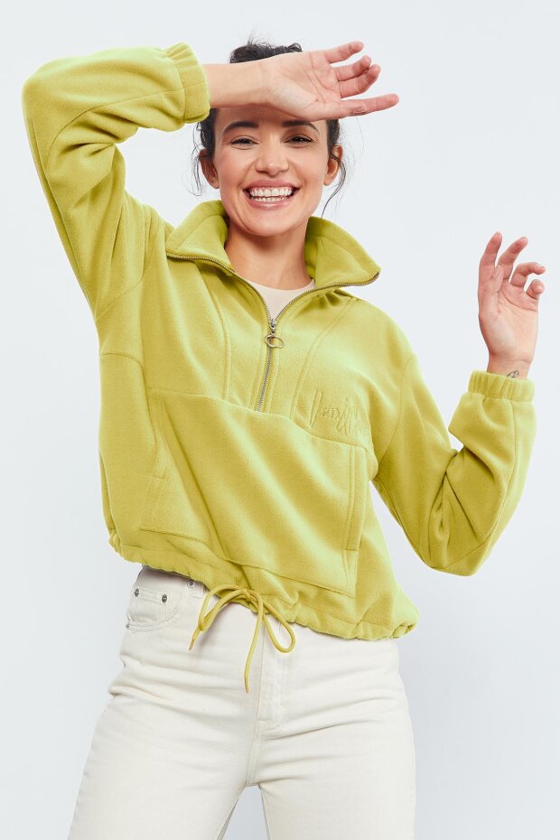 Limon Yarım Fermuar Etek Ucu Büzgülü Kadın Polar Oversize Sweatshirt - 97171 - 1