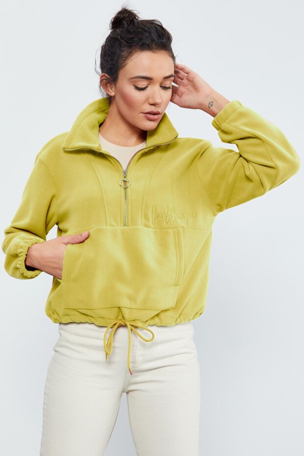 Limon Yarım Fermuar Etek Ucu Büzgülü Kadın Polar Oversize Sweatshirt - 97171 - 3