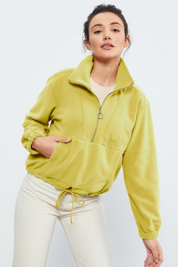 Limon Yarım Fermuar Etek Ucu Büzgülü Kadın Polar Oversize Sweatshirt - 97171 - 4