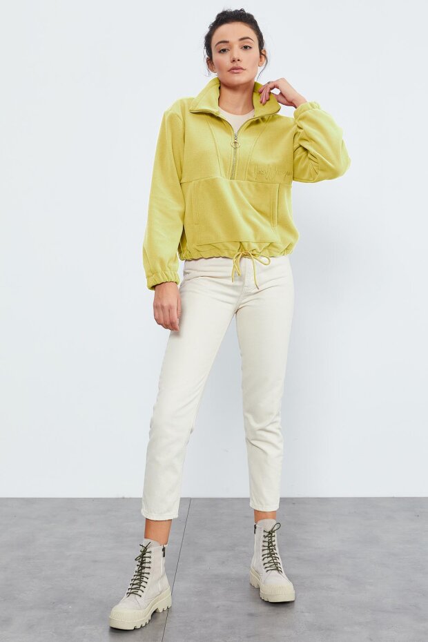 Limon Yarım Fermuar Etek Ucu Büzgülü Kadın Polar Oversize Sweatshirt - 97171 - 2