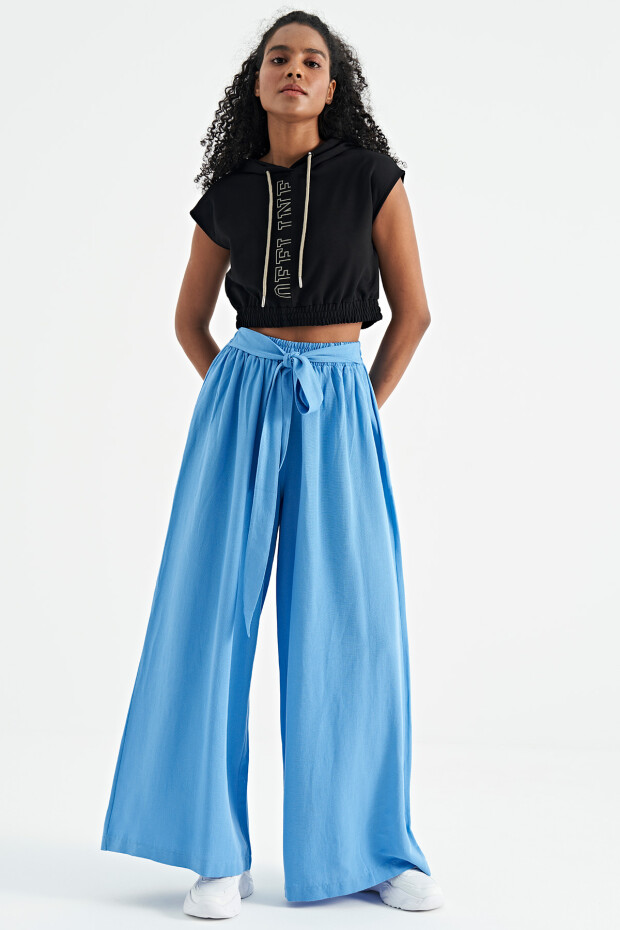 Mavi Bağlama Kemer Detaylı Geniş Paça Kadın Pantolon - 02194