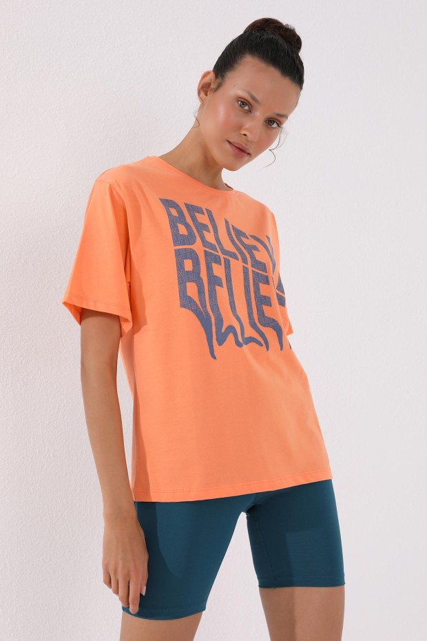 Mercan Deforme Yazı Baskılı O Yaka Oversize Kadın T-Shirt - 97139