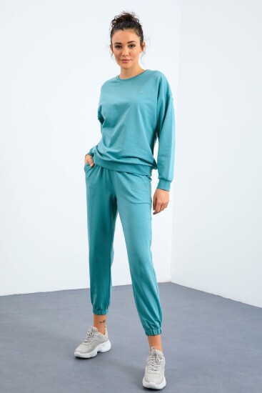 Mint Yeşil Basic Pamuklu O Yaka Oversize Lastik Paça Kadın Eşofman Takım - 95287 