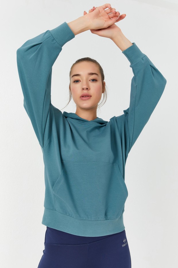 Mint Yeşili Balon Kol Kapüşonlu Kadın Oversize Sweatshirt - 97156