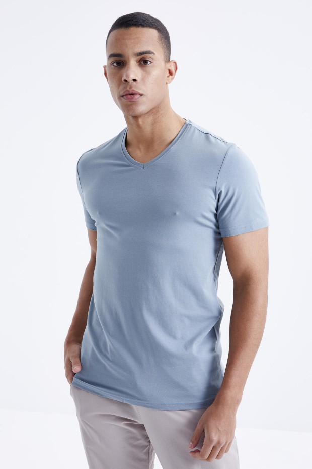 Mint Yeşili Basic Kısa Kol Standart Kalıp V Yaka Erkek T-Shirt - 87912