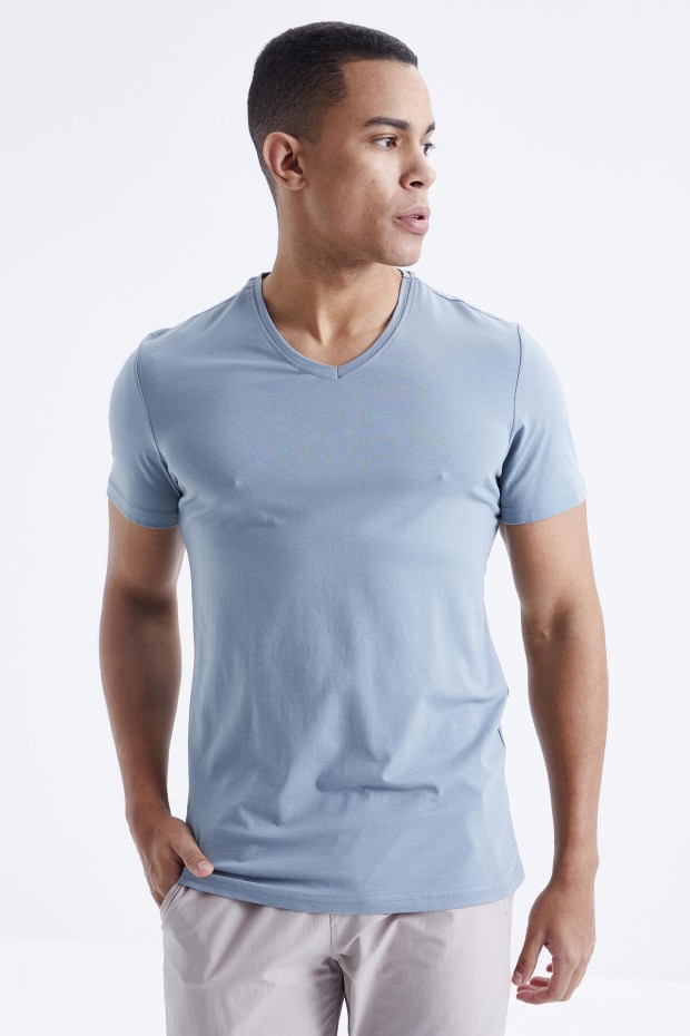 Mint Yeşili Basic Kısa Kol Standart Kalıp V Yaka Erkek T-Shirt - 87912