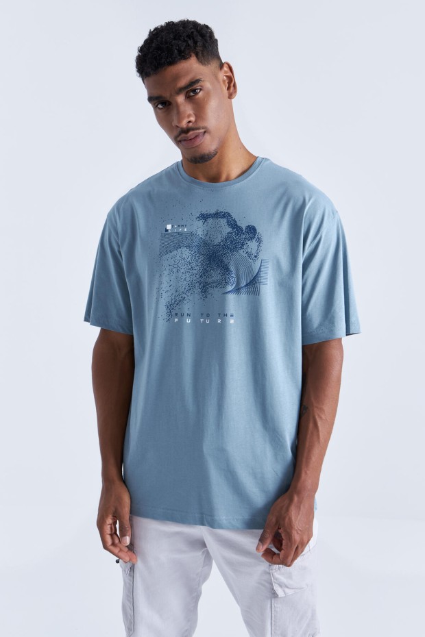 Mint Yeşili Baskı Detaylı O Yaka Erkek Oversize T-Shirt - 88093