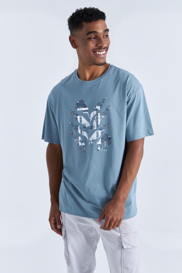 Mint Yeşili Büyük Baskılı O Yaka Erkek Oversize T-Shirt - 88092