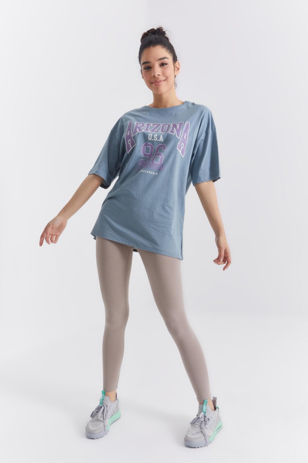 Mint Yeşili Büyük Yazı Baskılı O Yaka Oversize Düşük Omuz Kadın T-Shirt - 97218