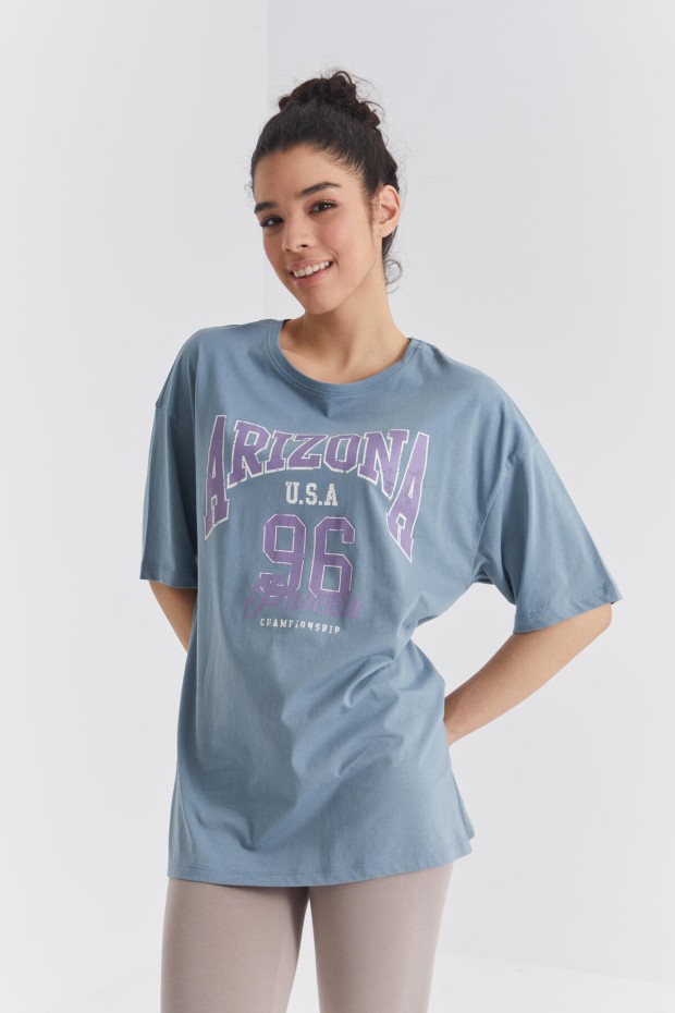 Mint Yeşili Büyük Yazı Baskılı O Yaka Oversize Düşük Omuz Kadın T-Shirt - 97218