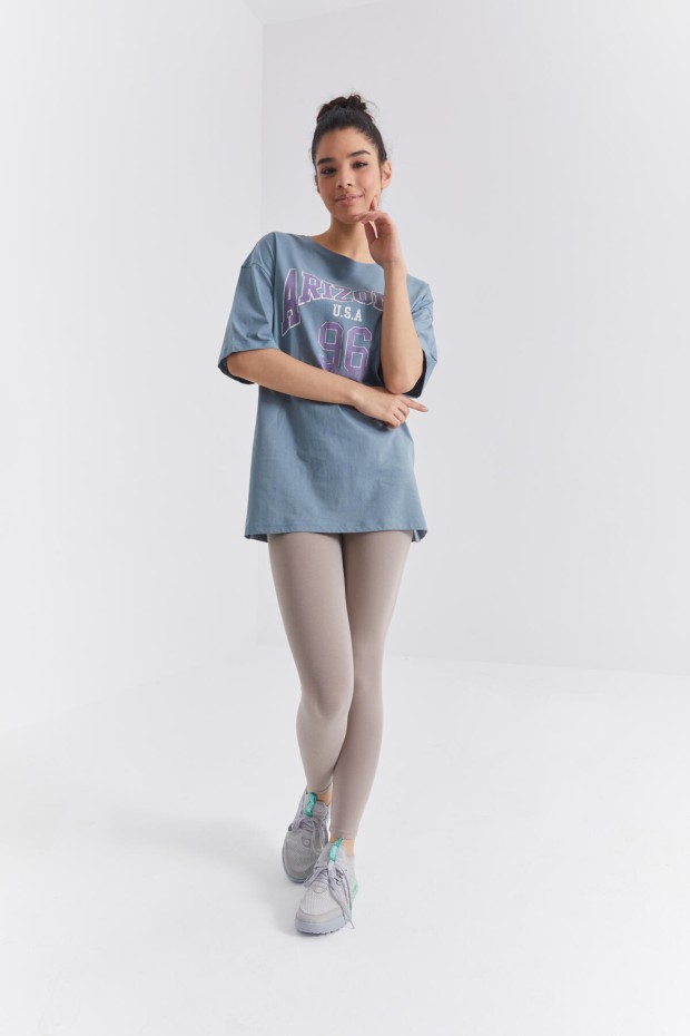 Mint Yeşili Büyük Yazı Baskılı O Yaka Oversize Düşük Omuz Kadın T-Shirt - 97218