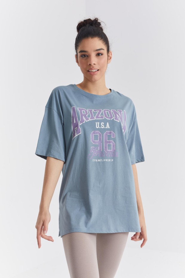 Mint Yeşili Büyük Yazı Baskılı O Yaka Oversize Düşük Omuz Kadın T-Shirt - 97218