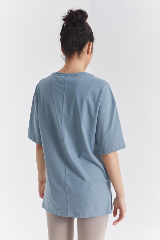 Mint Yeşili Büyük Yazı Baskılı O Yaka Oversize Düşük Omuz Kadın T-Shirt - 97218