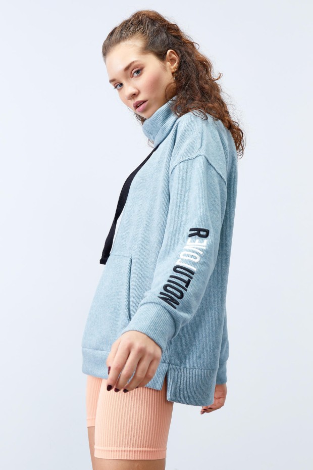 Mint Yeşili Büzgülü Bağcıklı Yaka Nakışlı Selanik Triko Kadın Oversize Sweatshirt - 97197