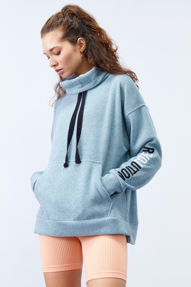 Mint Yeşili Büzgülü Bağcıklı Yaka Nakışlı Selanik Triko Kadın Oversize Sweatshirt - 97197