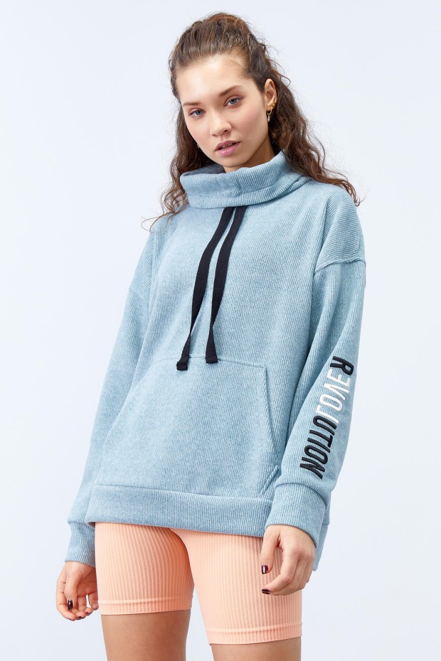 Mint Yeşili Büzgülü Bağcıklı Yaka Nakışlı Selanik Triko Kadın Oversize Sweatshirt - 97197