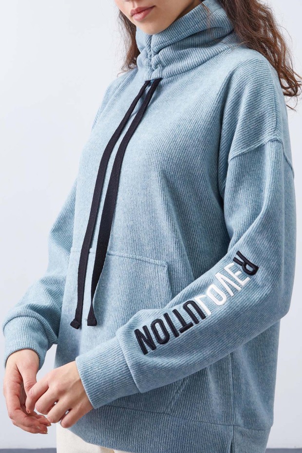 Mint Yeşili Büzgülü Bağcıklı Yaka Nakışlı Selanik Triko Kadın Oversize Sweatshirt - 97197