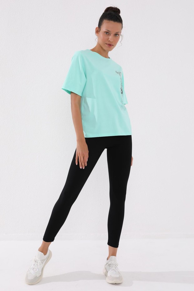 Mint Yeşili Deforme Yazı Baskılı O Yaka Kadın Oversize T-Shirt - 97134