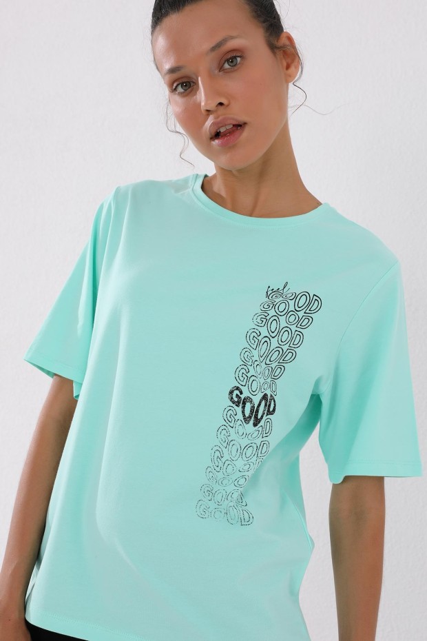 Mint Yeşili Deforme Yazı Baskılı O Yaka Kadın Oversize T-Shirt - 97134