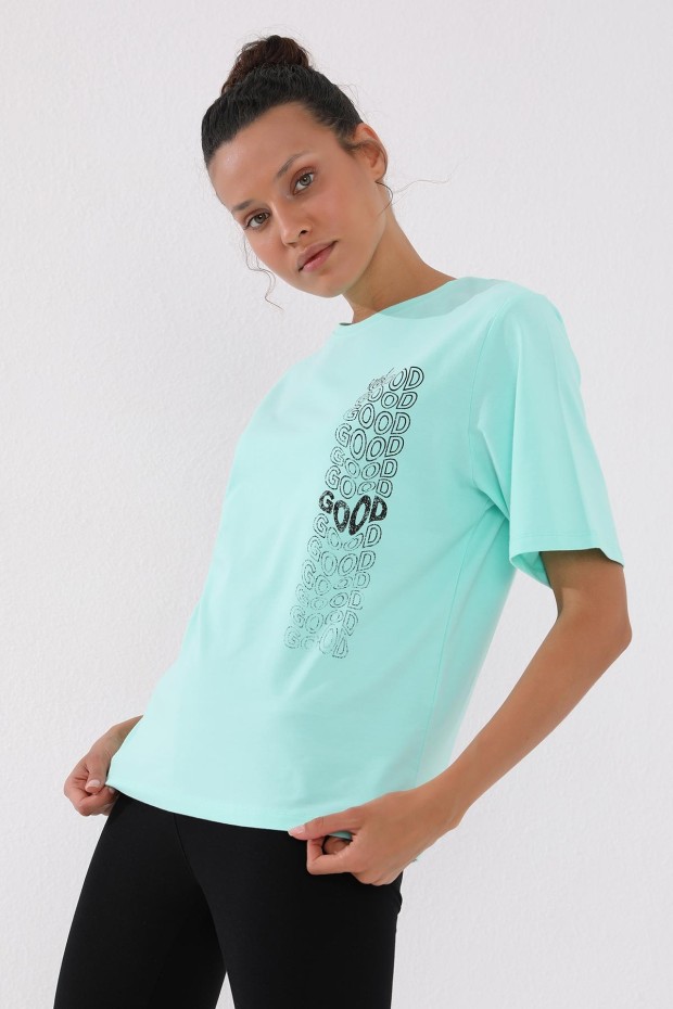 Mint Yeşili Deforme Yazı Baskılı O Yaka Kadın Oversize T-Shirt - 97134