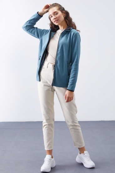 Mint Yeşili Dik Yaka Fermuarlı Rahat Form Kadın Polar Sweatshirt - 97173 - TOMMYLIFE (1)