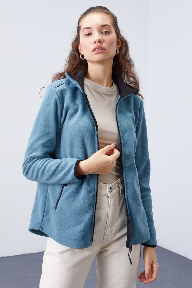 Mint Yeşili Dik Yaka Fermuarlı Rahat Form Kadın Polar Sweatshirt - 97173 - 1