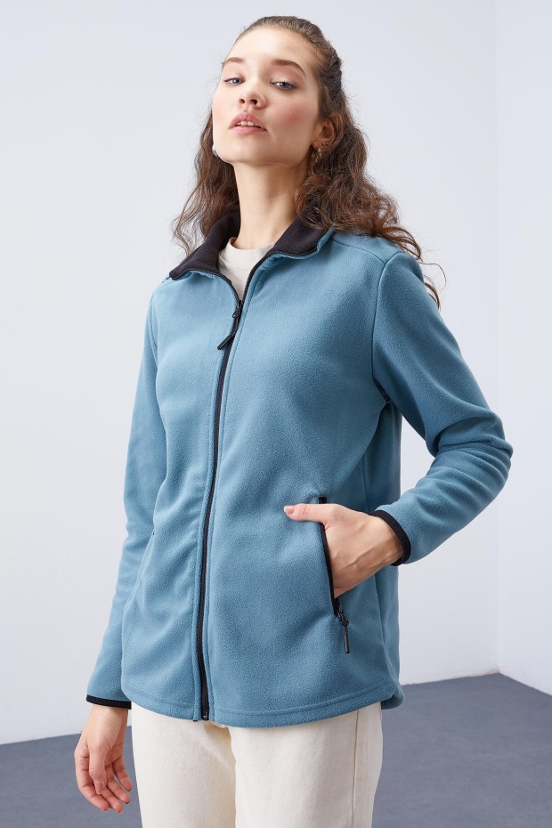 Mint Yeşili Dik Yaka Fermuarlı Rahat Form Kadın Polar Sweatshirt - 97173 - 3