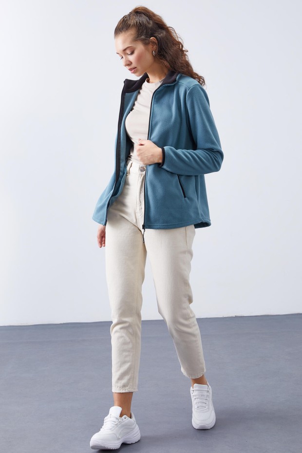 Mint Yeşili Dik Yaka Fermuarlı Rahat Form Kadın Polar Sweatshirt - 97173 - 4