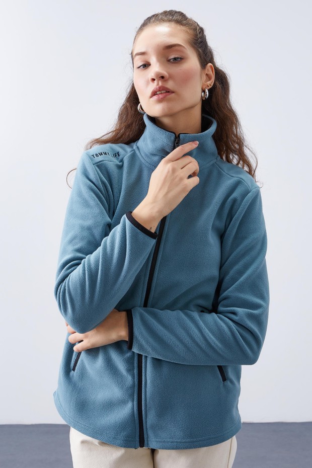 Mint Yeşili Dik Yaka Fermuarlı Rahat Form Kadın Polar Sweatshirt - 97173 - 6