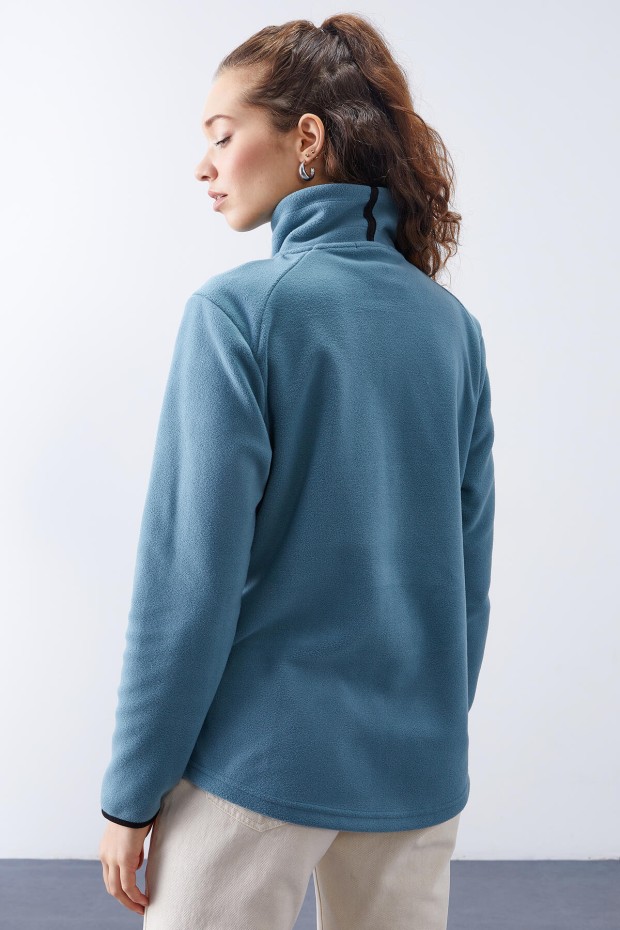 Mint Yeşili Dik Yaka Fermuarlı Rahat Form Kadın Polar Sweatshirt - 97173 - 7