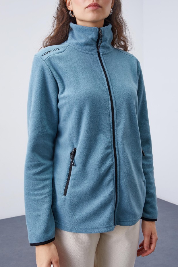 Mint Yeşili Dik Yaka Fermuarlı Rahat Form Kadın Polar Sweatshirt - 97173 - 8