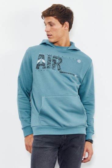 Mint Yeşili Air Yazı Baskılı Kapüşonlu Rahat Form Erkek Sweatshirt - 88009 