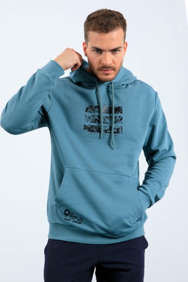 Mint Yeşili Kaplan Baskılı Kapüşonlu Rahat Form Erkek Sweatshirt - 88036 - Thumbnail