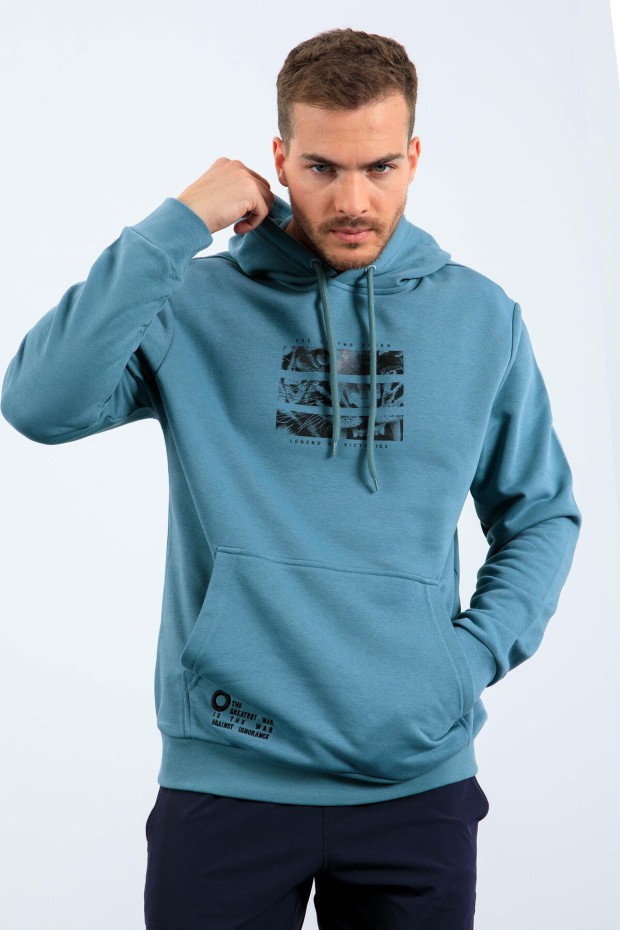 Mint Yeşili Kaplan Baskılı Kapüşonlu Rahat Form Erkek Sweatshirt - 88036