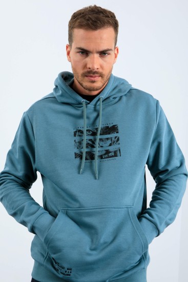 Mint Yeşili Kaplan Baskılı Kapüşonlu Rahat Form Erkek Sweatshirt - 88036 - Thumbnail